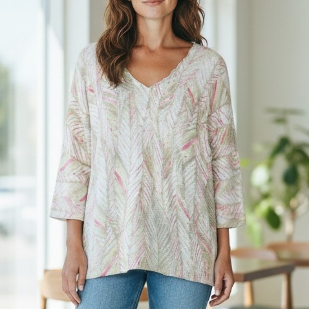 CHICO'S | Tropical Cream Pink Green V-Neck Boho Resort Wear Knit Sweater | L